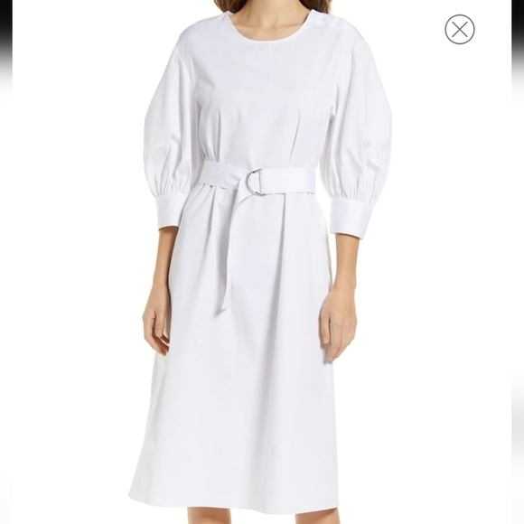 Nwt Nordstrom Puff Sleeve Belted Cotton Midi Dress in Size Xxs - Picture 1 of 6